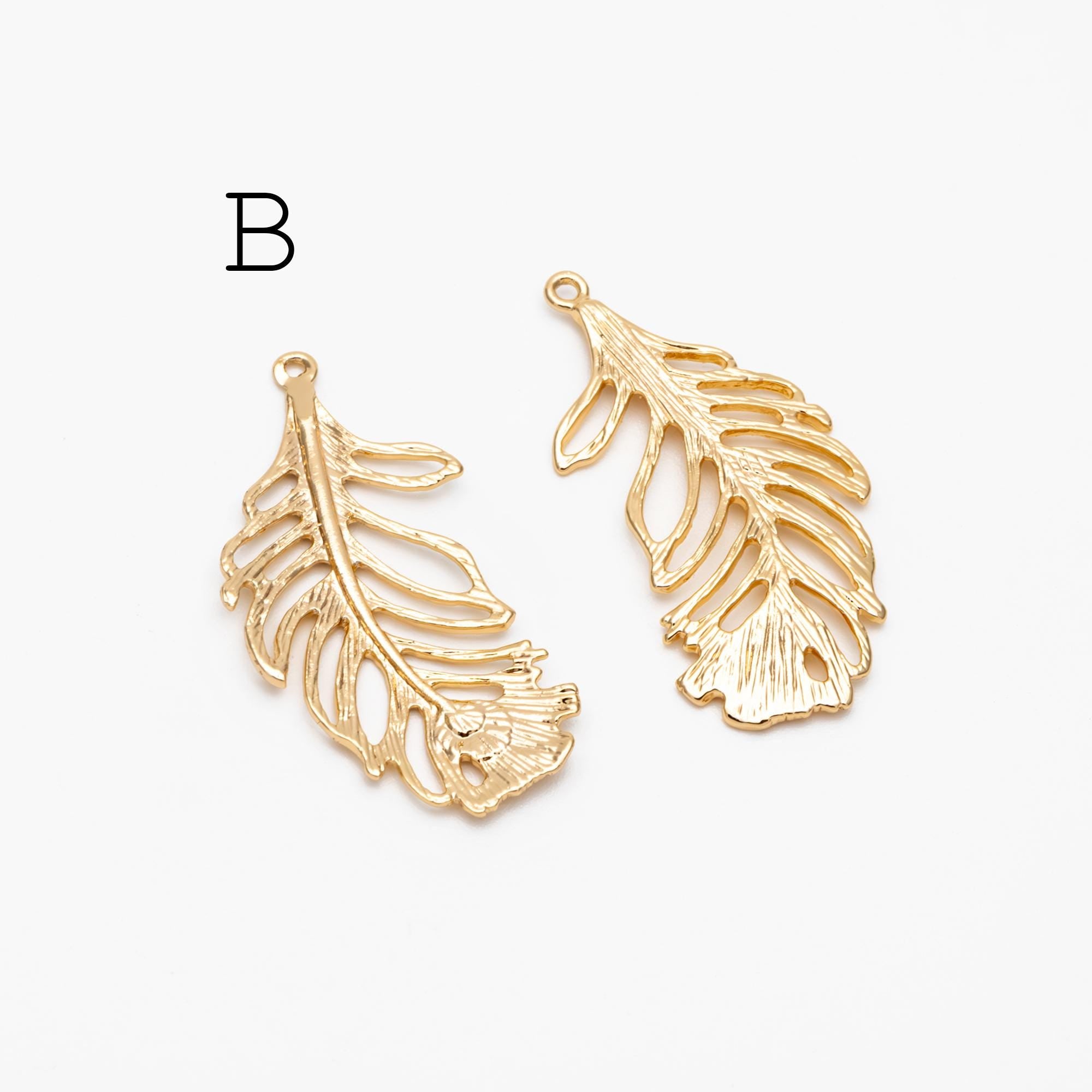 4pcs Gold Feather Charms, 18K Gold plated Brass Feather Pendants, Lead Nickel Free (GB-858)